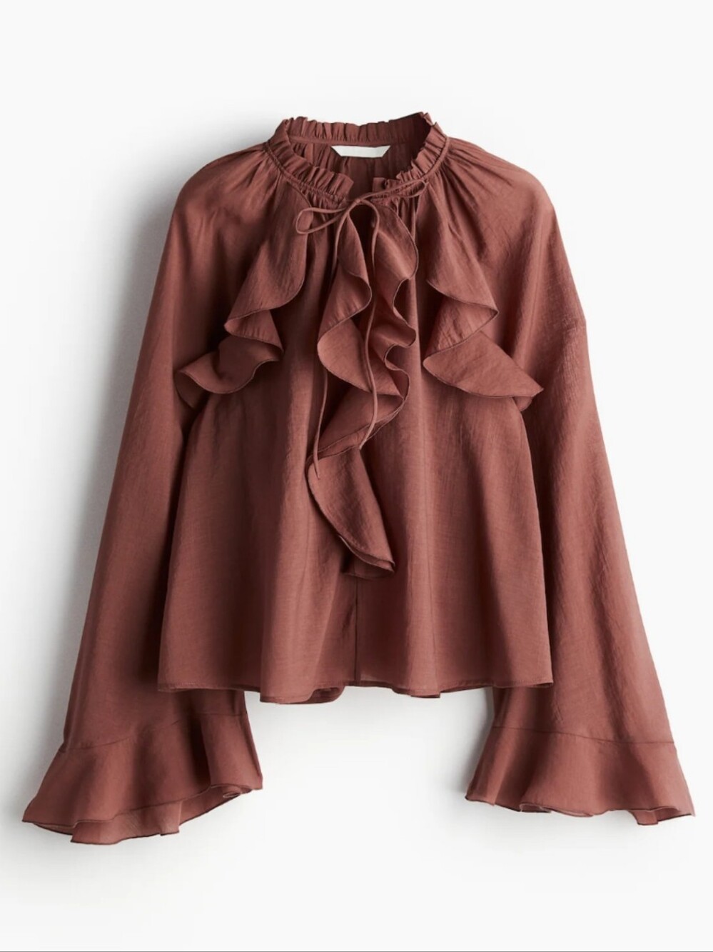 NWT H&M Rust Brown Ruffle Blouse L Boho Tie Neck Bell Sleeve Cottagecore Top - Picture 1 of 8